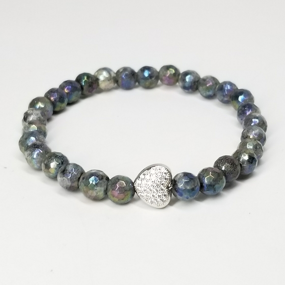 SueSue Jewelry - Labradorite Gemstone Pave CZ Heart Bracelet NEW